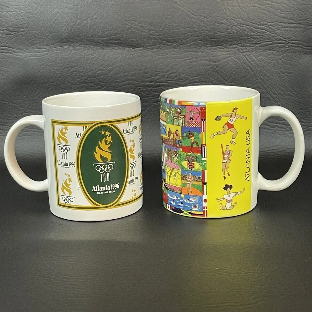 Vtg 1996 Summer Olympics Atlanta Coffee Mug Cup Torch Pat Singer Pair Lot of 2